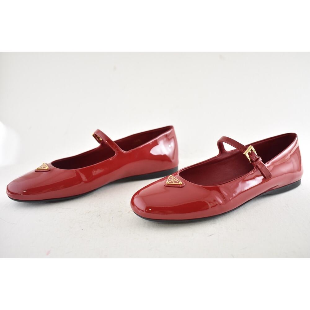 Prada Cherry Red Patent Gold Triangle Logo Mary Jane Ballerina Ballet Flat 38.5 - Picture 14 of 16